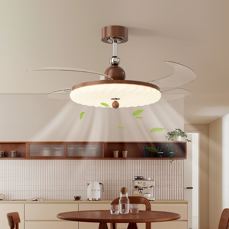 餐厅吊扇灯中古风个性百褶复古胡桃木纹隐形静音客厅灯卧室风扇灯