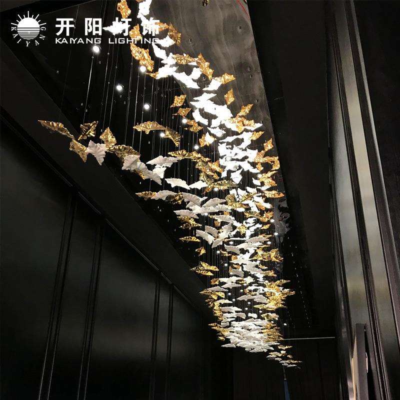 酒店售楼部宴会厅枫叶树叶琉璃玻璃小鸟蝴蝶石头吊件挂件吊灯厂家
