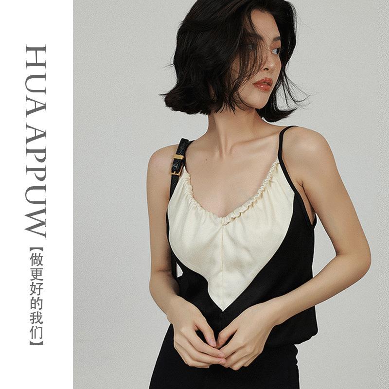 画朴法式黑白缎面露背吊带女2025春夏季新款修身气质打底内搭背心