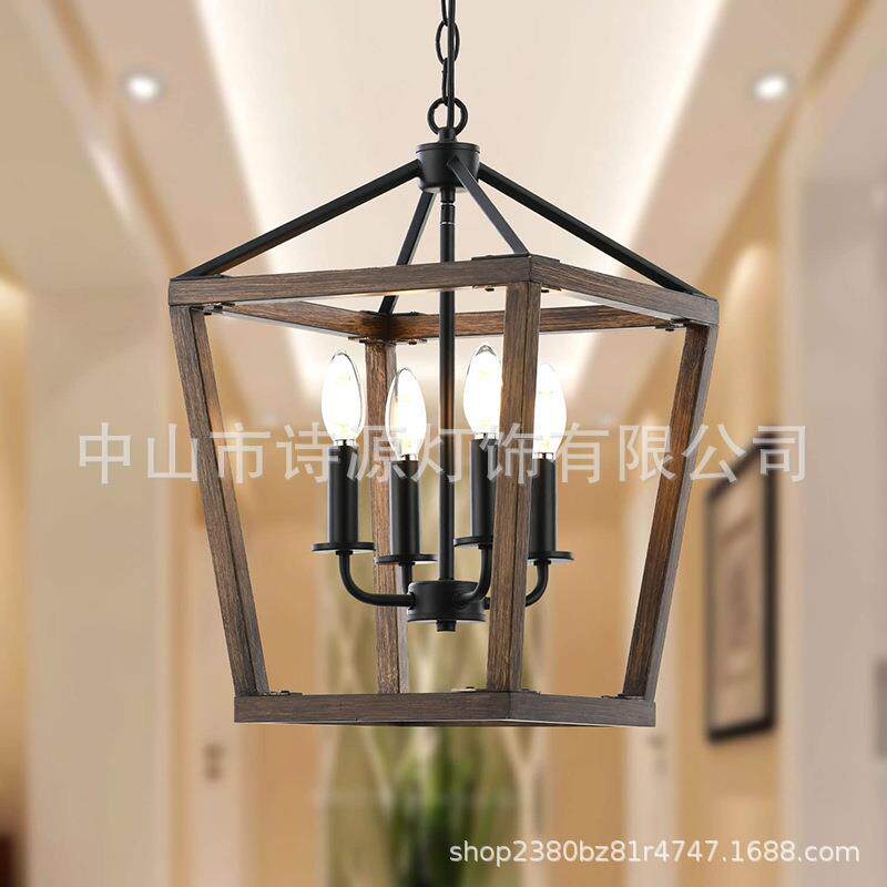 跨境美式简约方形木艺吊灯阳台创意设计师复古餐厅楼道入户玄关灯