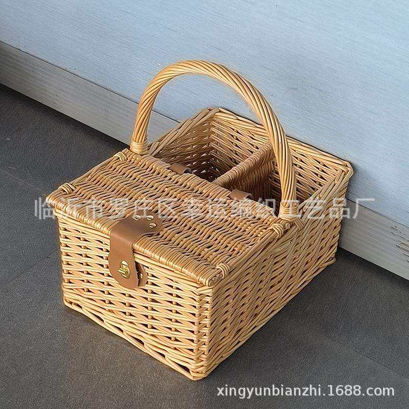 柳条编织红酒篮子植物材料空野餐篮带提手编织收纳篮
