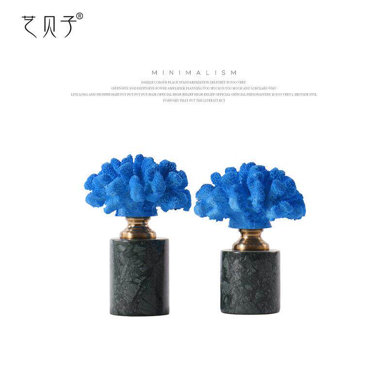 北欧风格蓝色珊瑚小摆件绿色大理石艺术工艺品软装托盘陈列装饰品