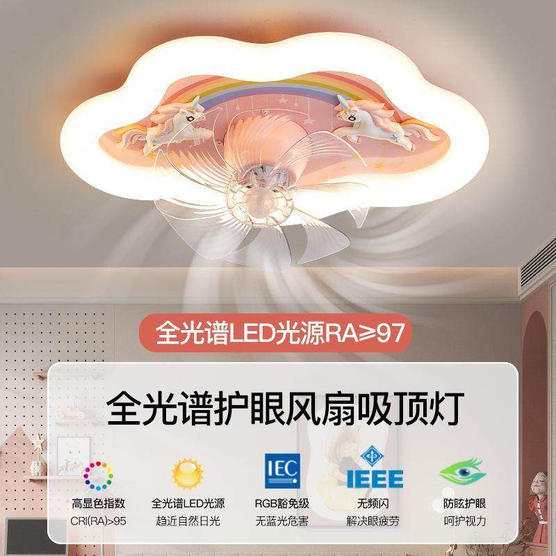 新款云朵儿童房风扇男孩女孩恶公主房间卧室光谱护眼智能吸顶灯