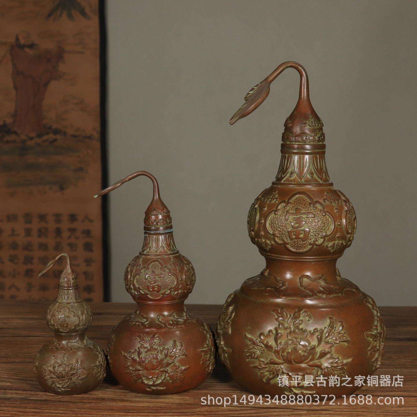富贵牡丹铜制葫芦摆件开盖空心葫芦家居室内玄关装饰品工艺品摆件