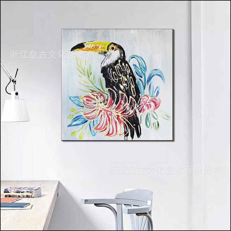 盘古油画鎏金鸟儿手工酒店挂画丙烯无框外贸肌理画彩绘纯手绘