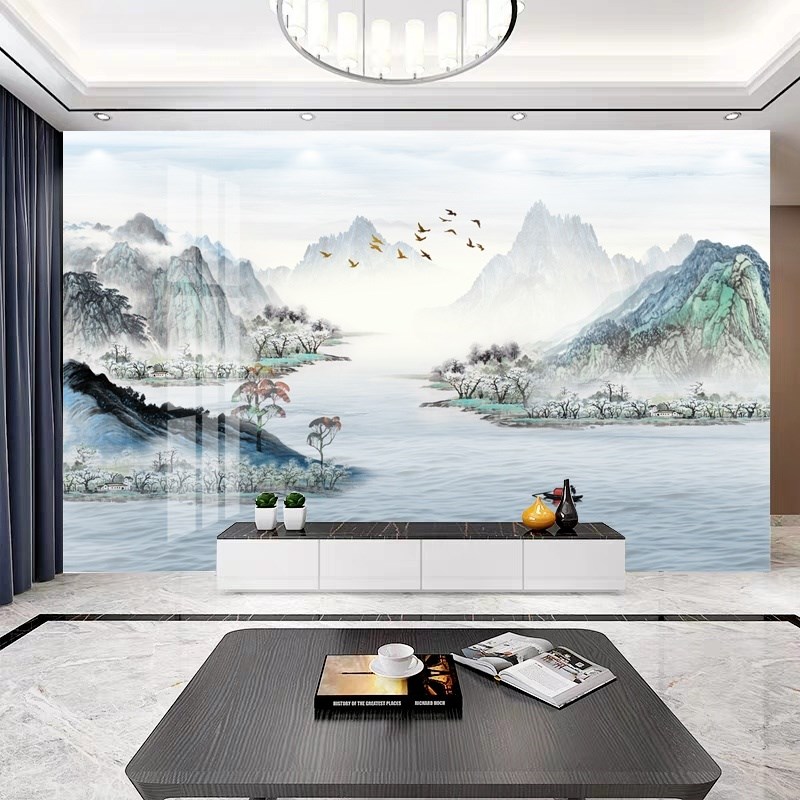 墙纸定制中式3d立体水墨山水电B视背景墙壁纸客厅壁布卧室墙布壁