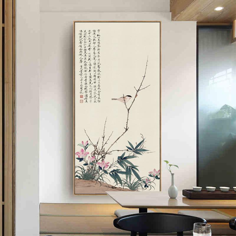 草木芳菲 玄关壁画竖版招财别墅入户过道挂画走廊尽头茶楼巨幅画