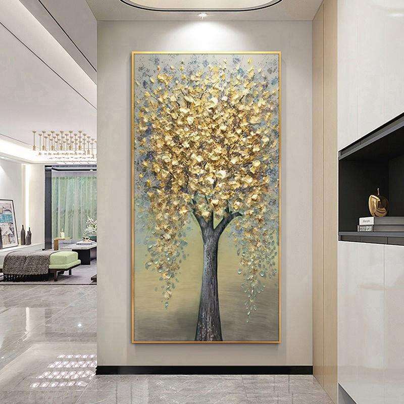手绘油画发财树入户玄关装饰画简约现代走廊壁画轻奢立体抽象挂画