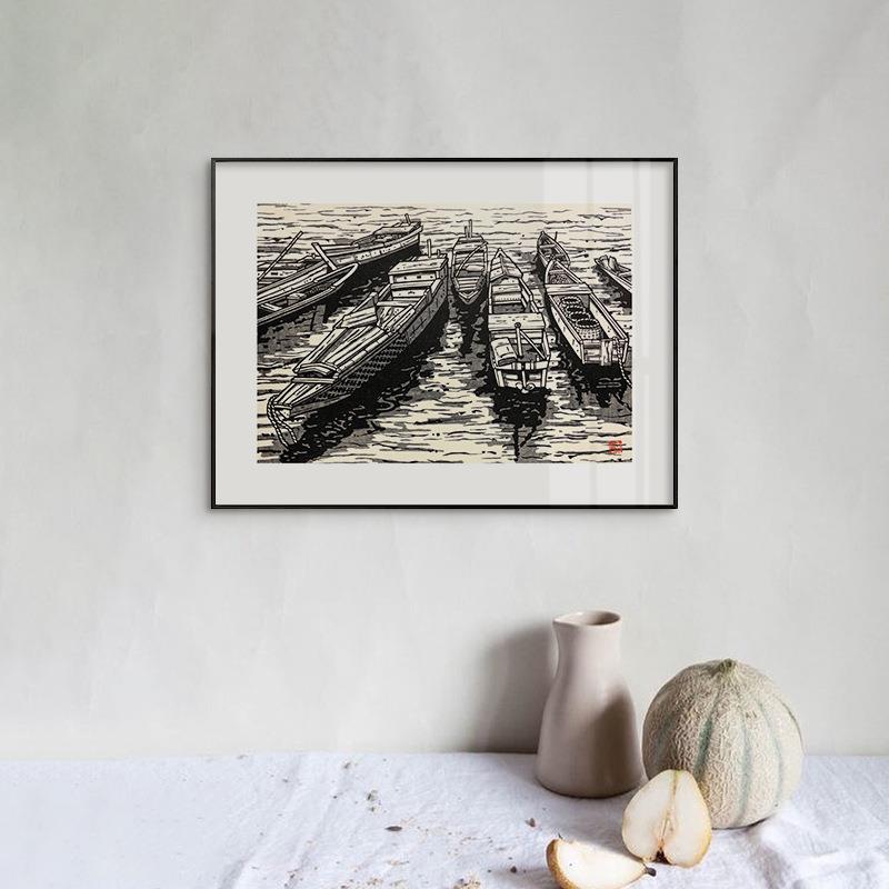 现代日式浮世绘写实风景装饰画中古风村庄天空海洋挂画客厅卧室