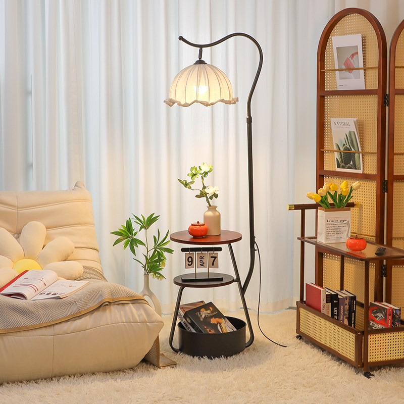 法式中古风客厅落j地灯沙发旁边几氛围复古卧室床头置物架一体台