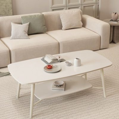 奶油风岩板茶几客厅家用小户型侘寂长方形双层白色现代简约茶几桌