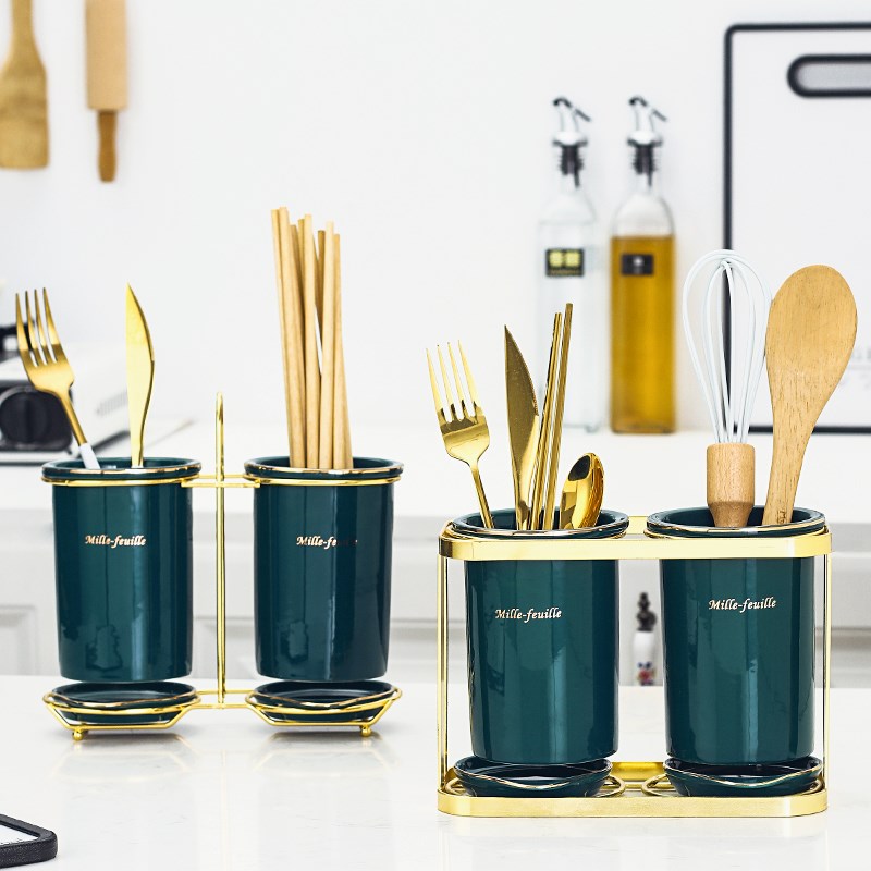 陶瓷筷子筒家用筷篓沥水双筷子桶筷E子盒筷子叉勺收纳置物架筷子