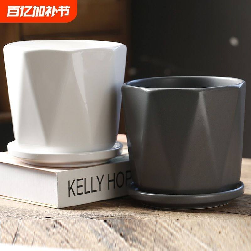 花盆陶瓷大号特大号带托盘白色简约艺术桌面流水手工,家居饰品,花盆,淘宝优惠券,粉丝福利购,淘宝优惠卷