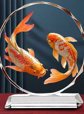 双锦鲤水晶摆件好运连连乔迁开业客厅办公室酒柜财福双至吉祥摆台