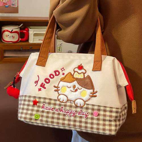 晚安猫咪饭盒袋上班族外出带饭学生保温手提袋加厚饭兜午餐饭盒袋