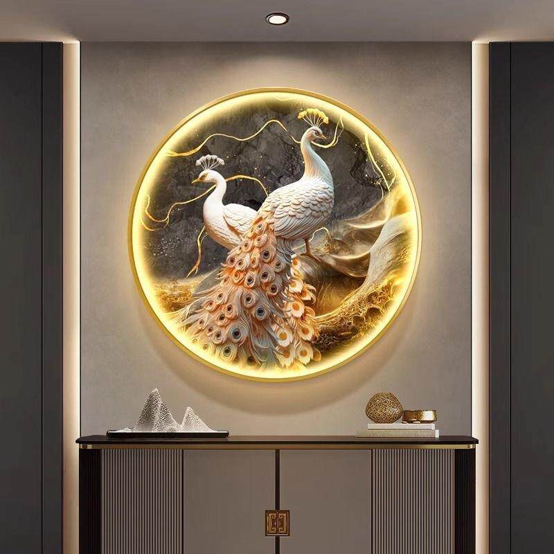 简约现代玄关装饰画孔雀大气高档餐厅挂画客厅灯画茶室圆形壁画灯