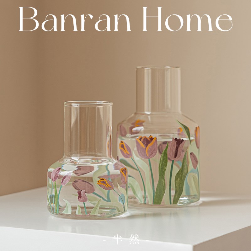 花瓶摆件客厅插花半然玻璃透明插花水养郁金香Q鲜花餐桌艺术简约