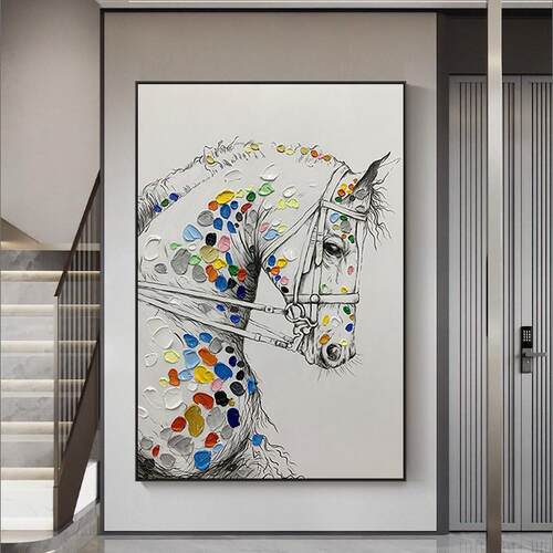 纯手绘油画动物马挂画新中式竖版书房玄关装饰画玄幻壁画大幅落地