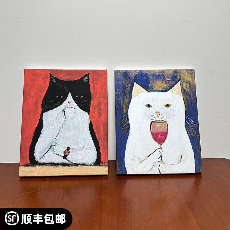 猫咪理发师萌宠洗头搞笑幽默卡通可爱猫咪装饰画无框画实木内框画