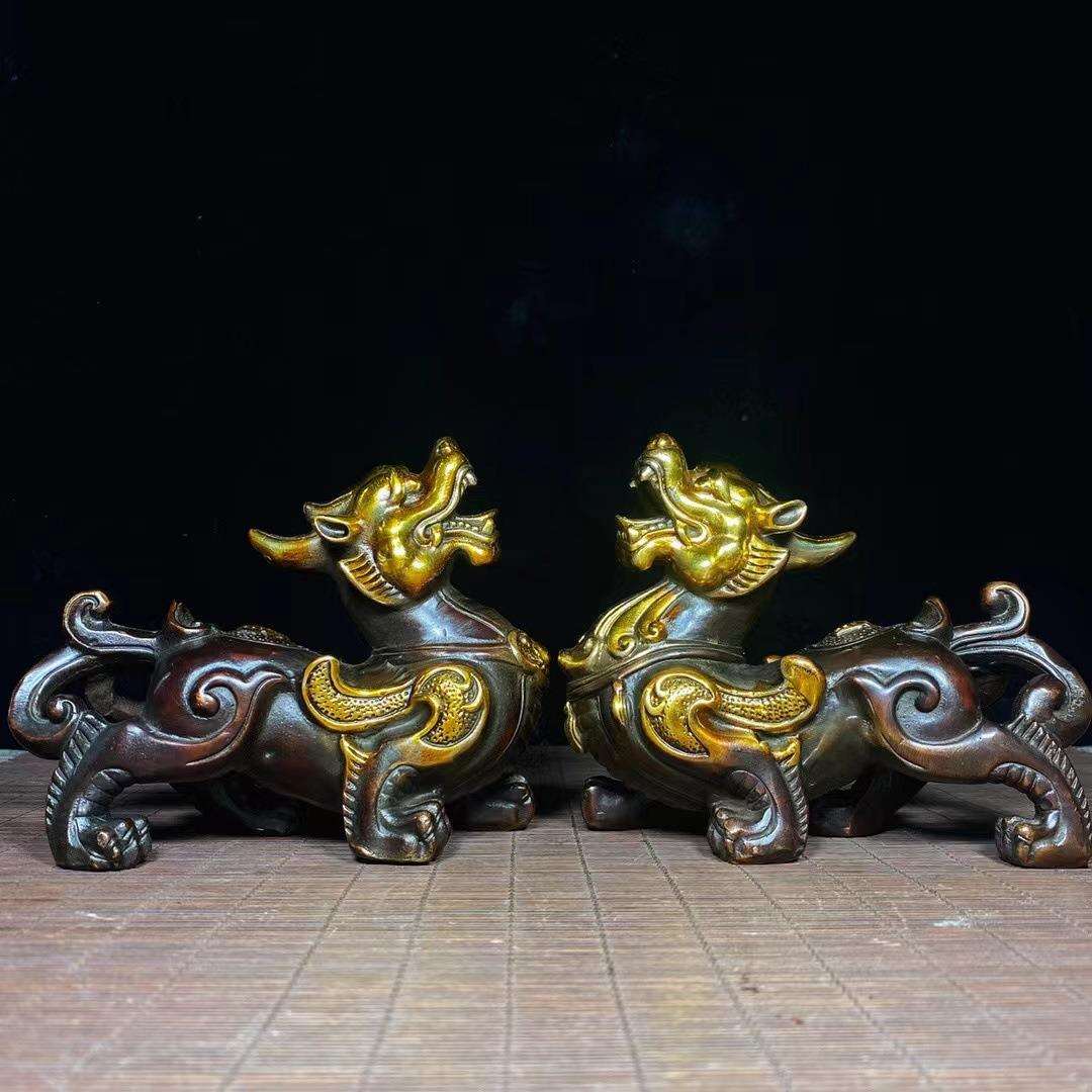 古董古玩仿古铜 鎏金貔貅一对 复古摆件旧货乡下收藏老物件