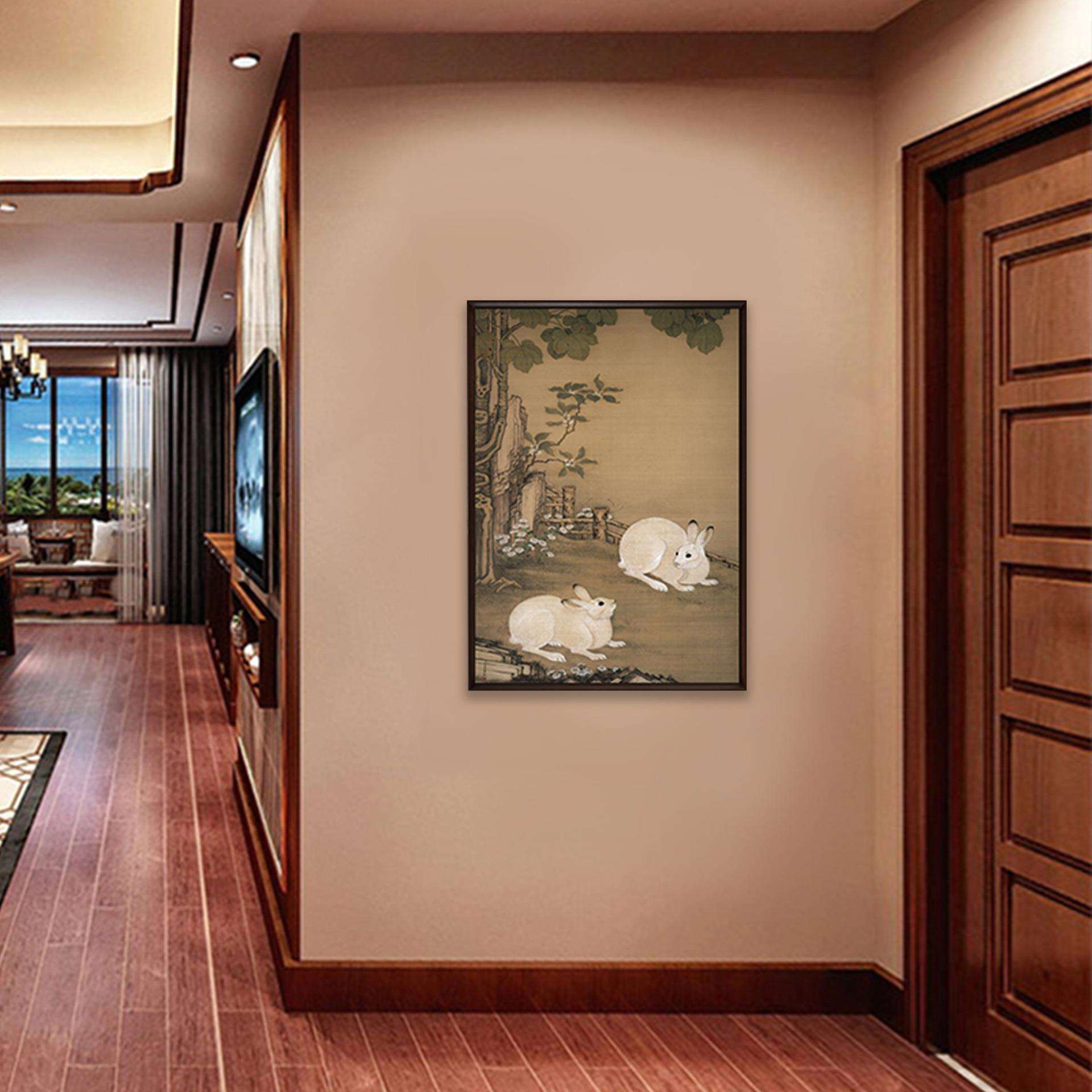冷枚梧桐双兔图 中式古典富贵吉祥 客厅玄关装饰画 画框