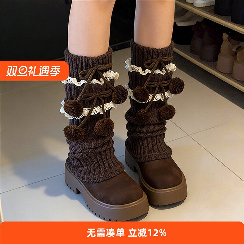 蝴蝶结堆堆袜冬季加厚胖mm粗腿蕾丝袜子配靴子袜套毛线针织中筒袜