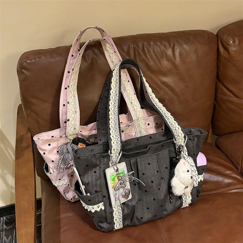 韩系波点蕾丝帆布包女款2026新款大容量百搭单肩包上学上班通勤包