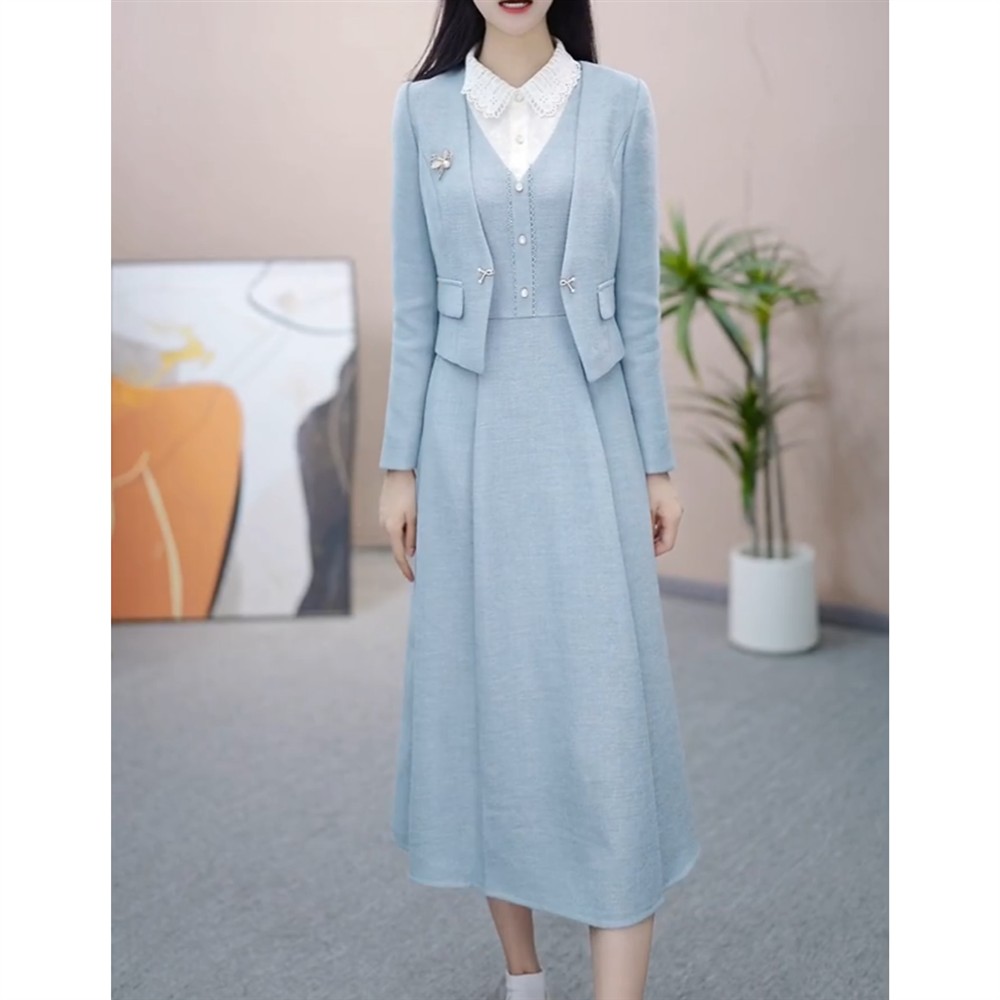 时尚简约大气套裙女2026秋新款女士显瘦减龄通勤外套连衣裙两件套