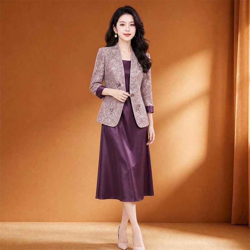 时尚优雅两件套连衣裙女春季新款2026年气质修身韩版妈妈装裙子