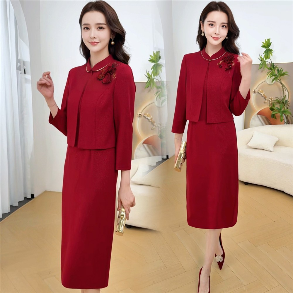 气质红色套装女2026春秋季新款修身收腰显瘦喜妈妈礼服两件套裙潮