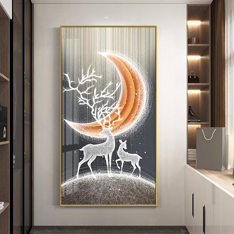 现代轻奢新款竖版壁画麋鹿LED灯带画入户玄关装饰画走廊过道挂画图片