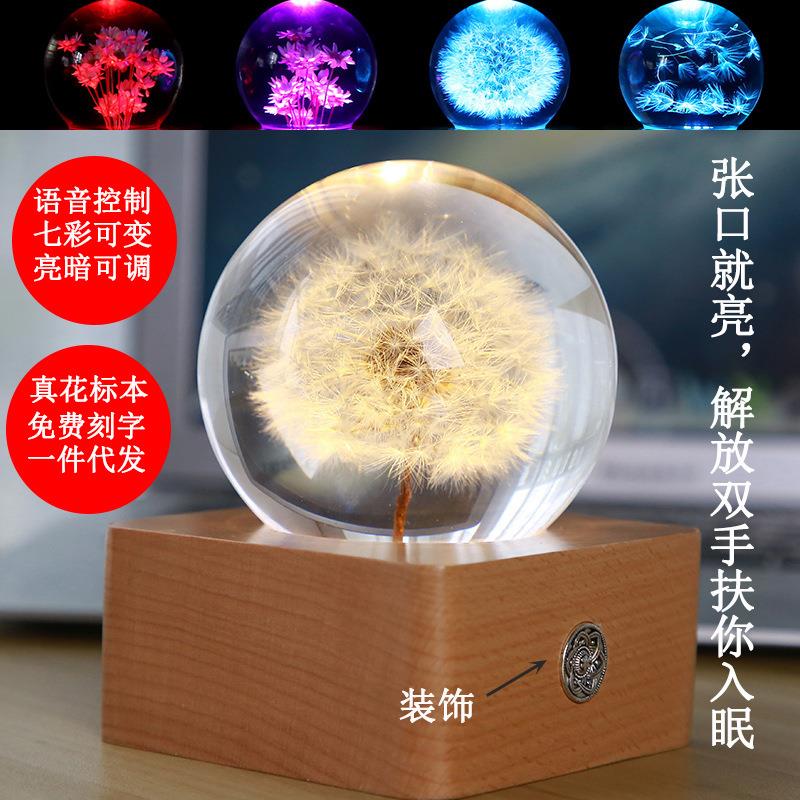 声控调光多色盆景蒲公英夜灯树脂水晶球摆件卧室榉木底座氛围灯