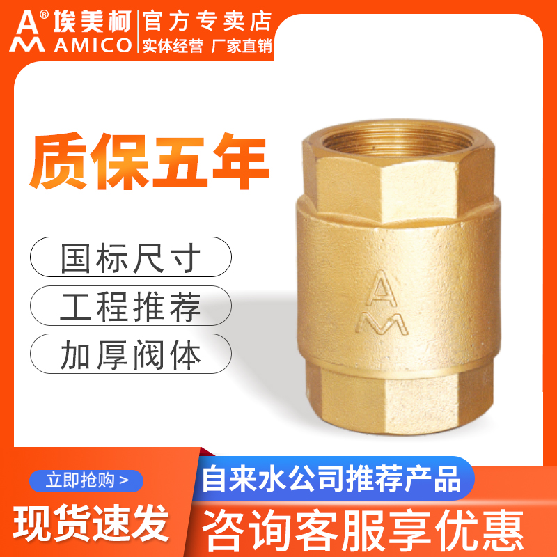 埃美柯立式止回阀黄m铜水表止逆阀4分家用防反水螺纹水边单向阀20
