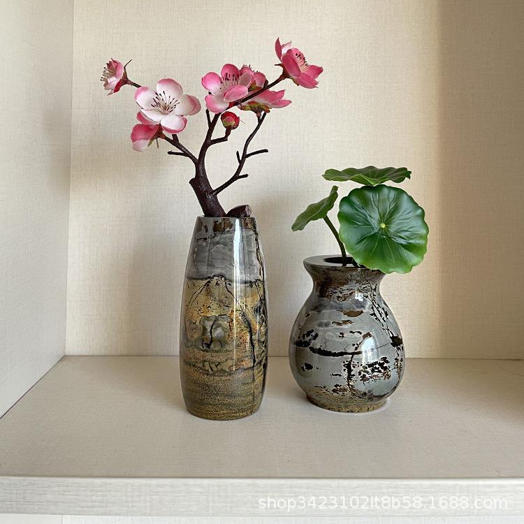 国画石草花石头装饰花瓶摆件家居入户玄关客厅装饰品工厂干花