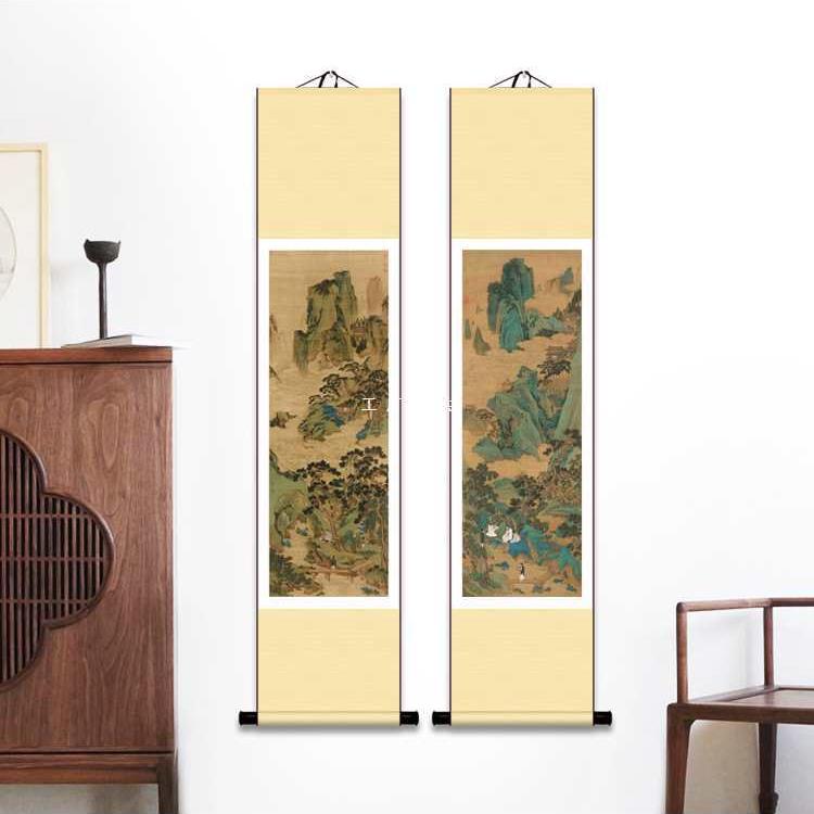 新中式卷轴挂画字画仿古山水画挂轴古画茶楼装饰品茶图听琴图