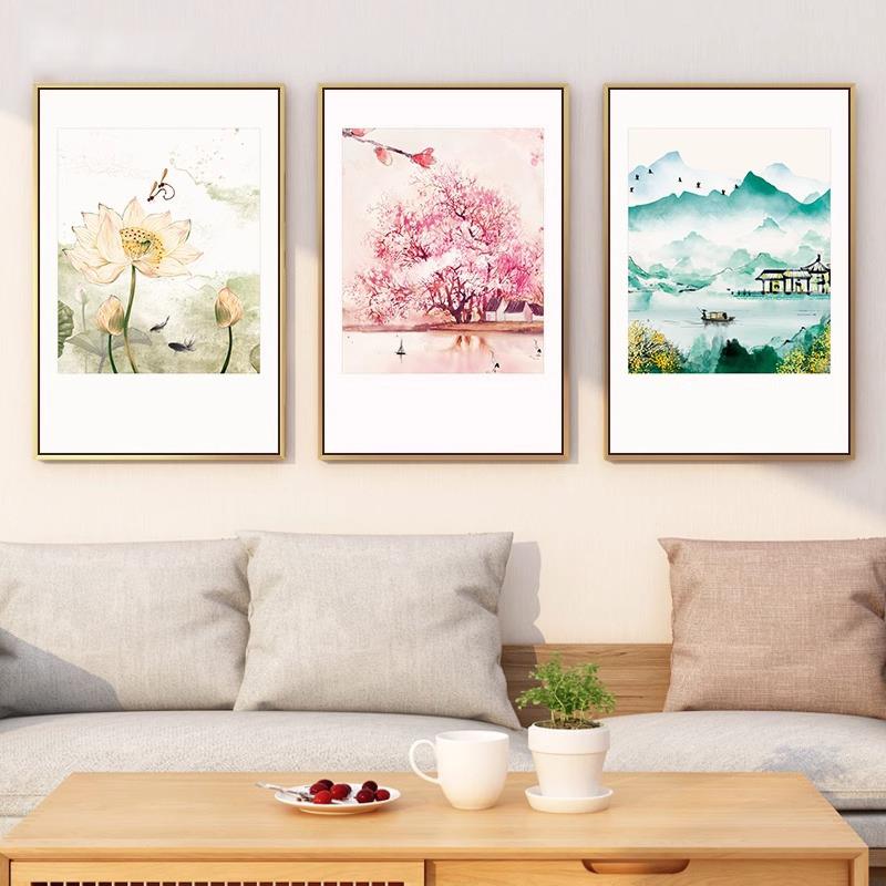 水墨江南新中式客厅挂画餐厅背景装饰画风景荷花现代简约书房壁画