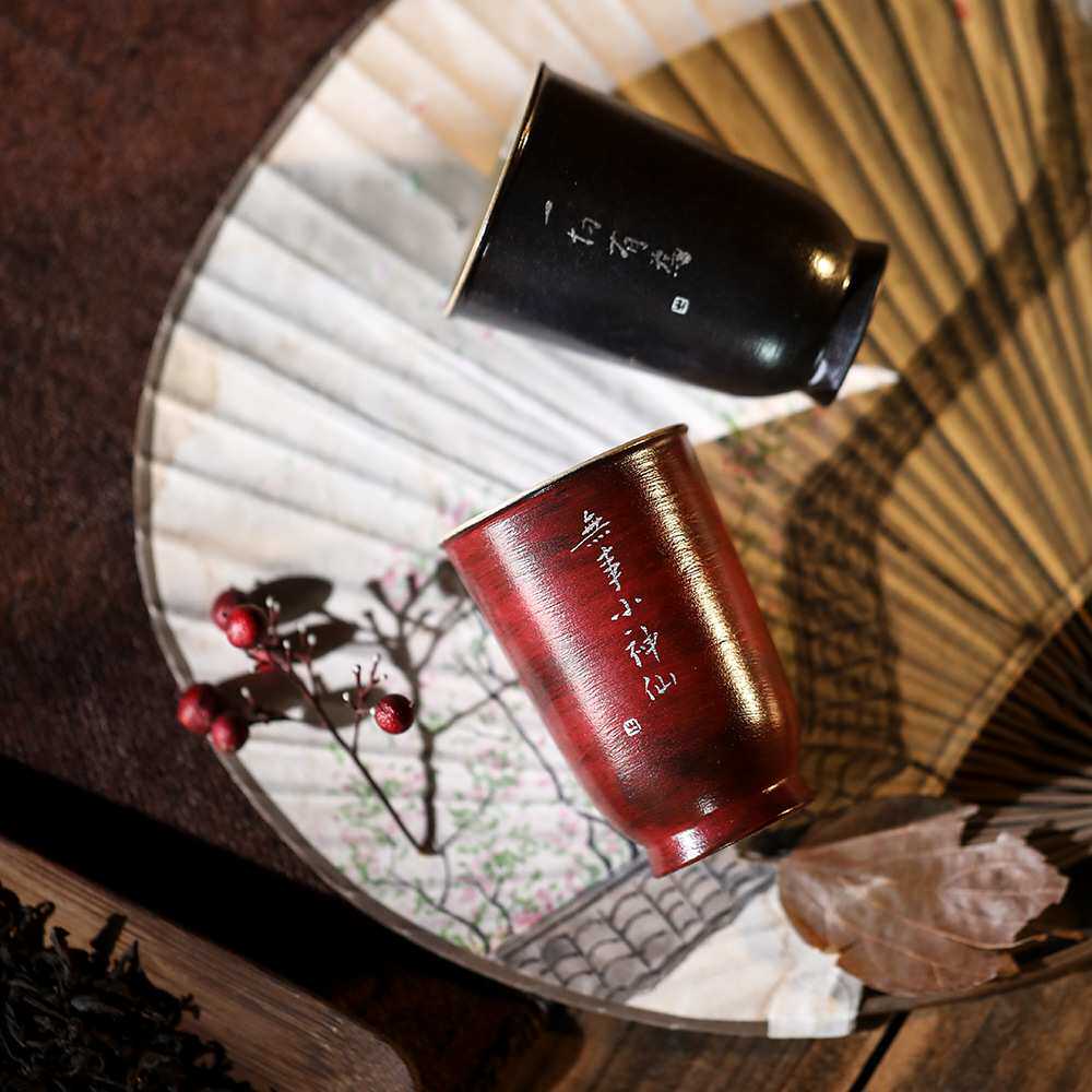 弘一体妙峰手作故宫红景德镇鎏银文人主人杯赤红古拙刻诗陶泥茶杯