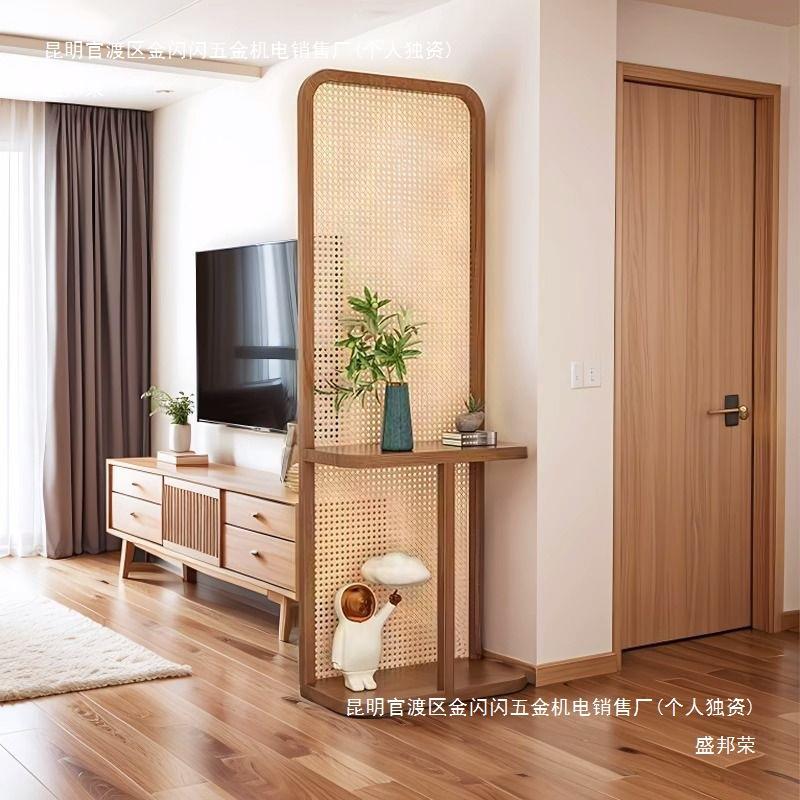 复古藤编屏风隔断客厅入户玄关遮挡可移动座屏实木风置物花架木质