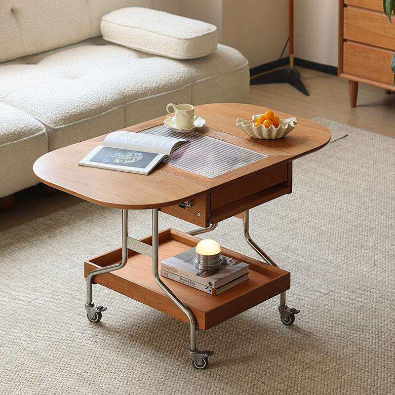 北欧简约灵雨茶几可移动折叠茶几实木小户型客厅樱桃木边几推车