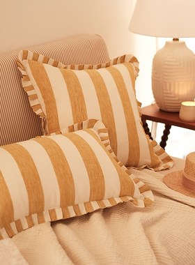 慢松球 法国进口亚l麻黄色条纹抱枕 沙发靠垫法式复古田园诧寂床