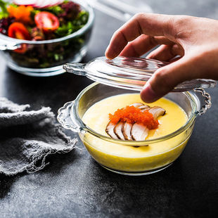 进口玻璃碗透明钢化家用耐热鸡蛋羹蒸蛋碗宝宝婴儿辅食带盖小号