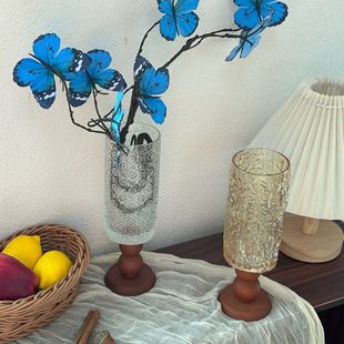 中古风法式复古木质高脚玻璃花瓶插花客厅桌面装饰摆件家居花瓶