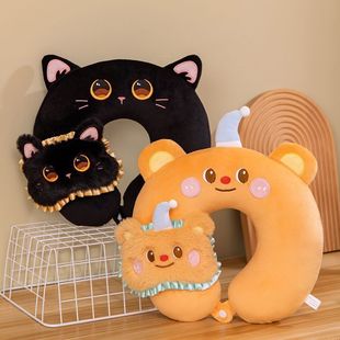 高颜值情侣款超萌u型枕记忆棉可拆洗小黑猫眼罩水晶绒棉护颈其他