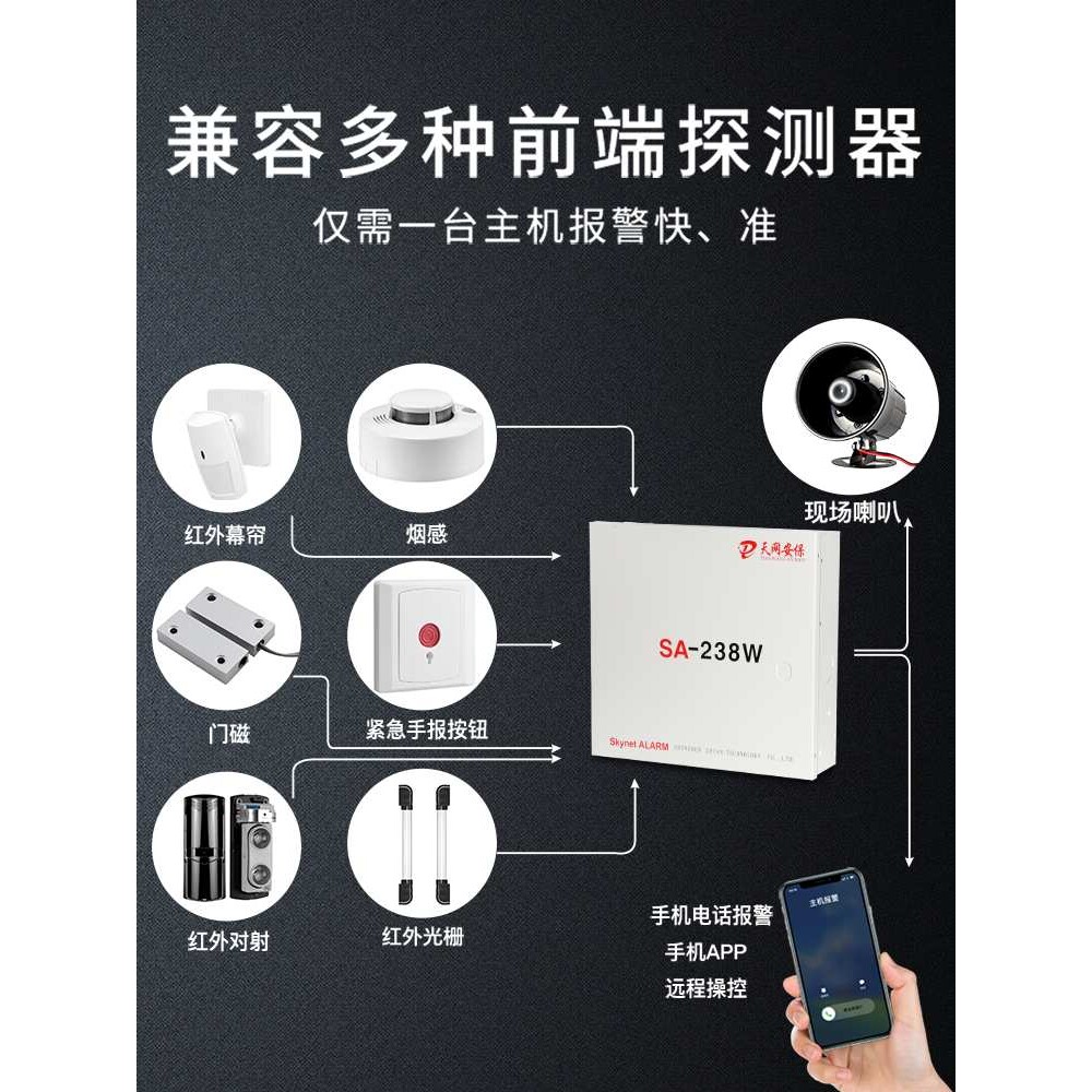 有线防盗报警器家用红外线人体感应报警主机远程店铺室内安防系统