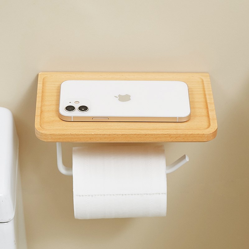 厕所实木卷纸架置物架q免打孔卫生间纸巾盒挂壁式洗手间手纸架浴