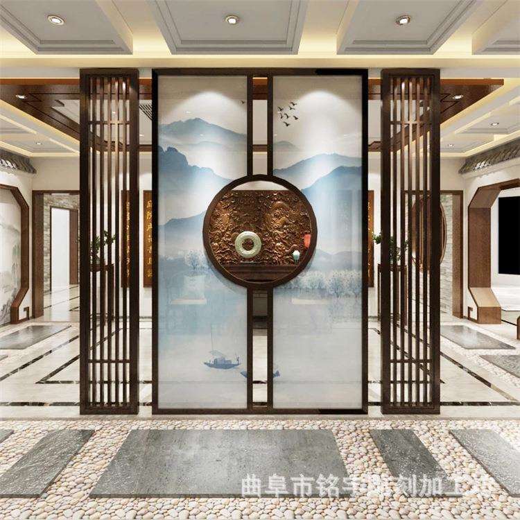 新中式屏风客厅半透乔其纱隔断墙实木玄关欧美式餐厅屏风布艺隔断