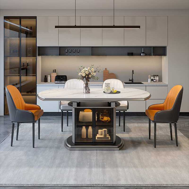 实木轻奢岩板餐桌椅组合现代简约小户型家用圆形可伸缩饭桌可储物
