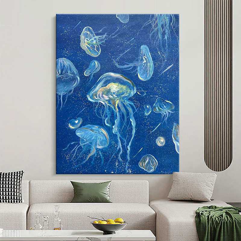 小众艺术水母肌理纯手绘油画蓝色客厅装饰画海洋玄关挂画动物壁画