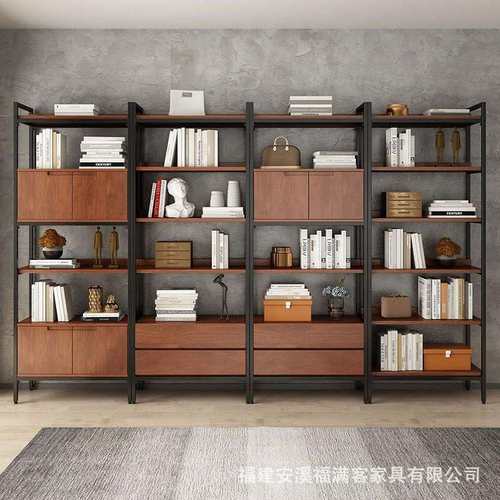 北欧极简书架落地铁艺置物架客厅钢结构书柜复古收纳架实木展示架