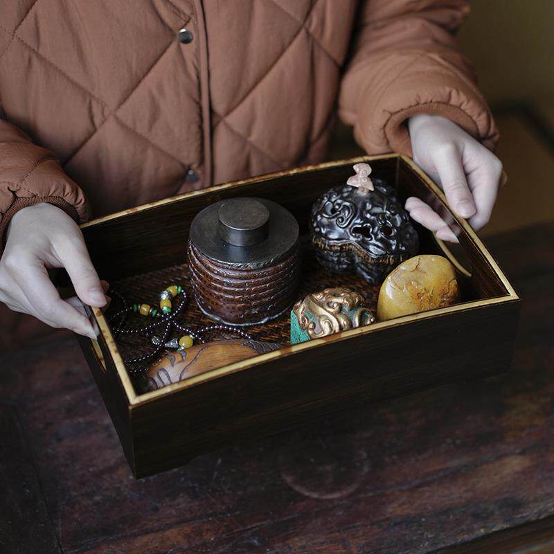 复古湘妃竹镶嵌工艺竹编古文盘茶具收纳盘文玩席面文房清供长竹盘